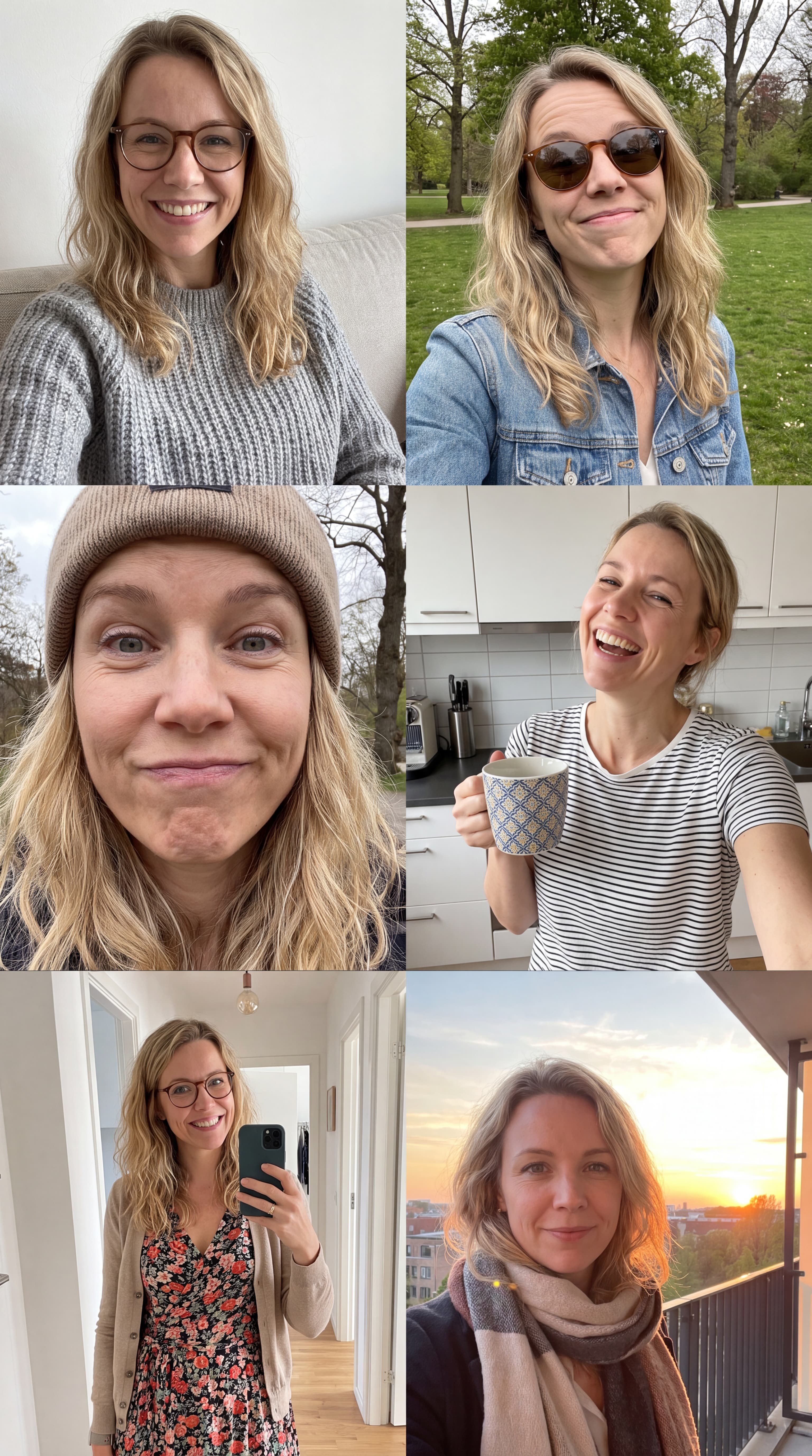 Sechs natürliche Selfies von Jenny als Personenreferenz